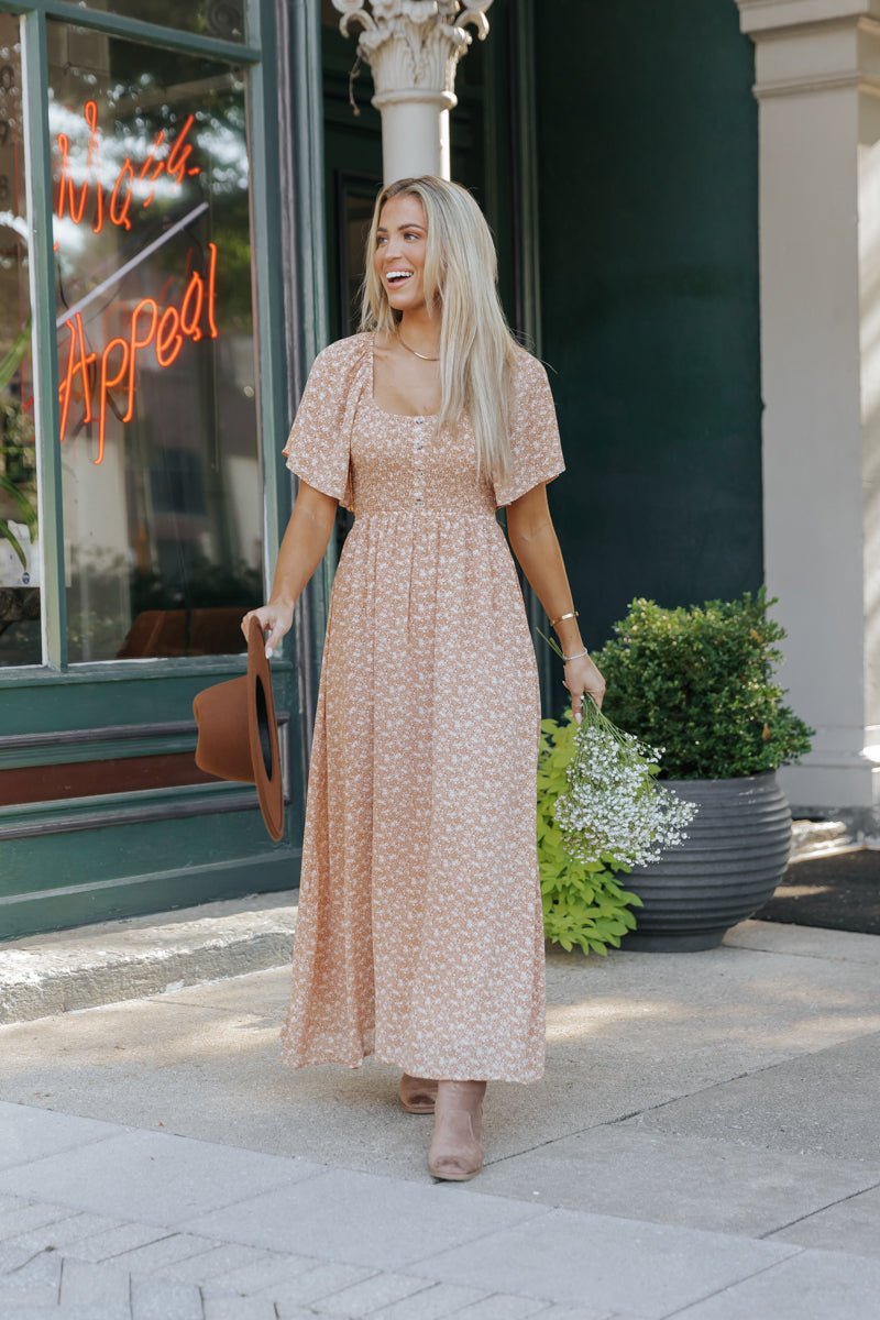 Boho Print Smocked Maxi Dress - Clay - Magnolia Boutique