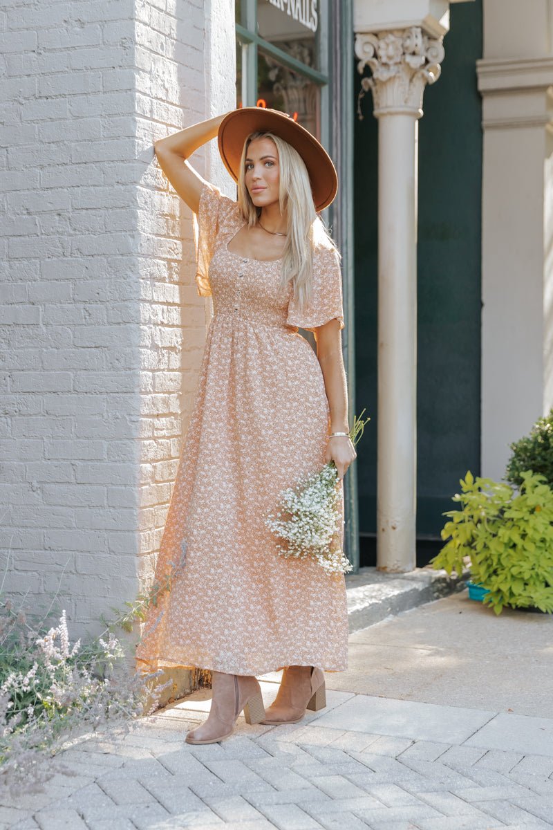 Boho Print Smocked Maxi Dress - Clay - Magnolia Boutique