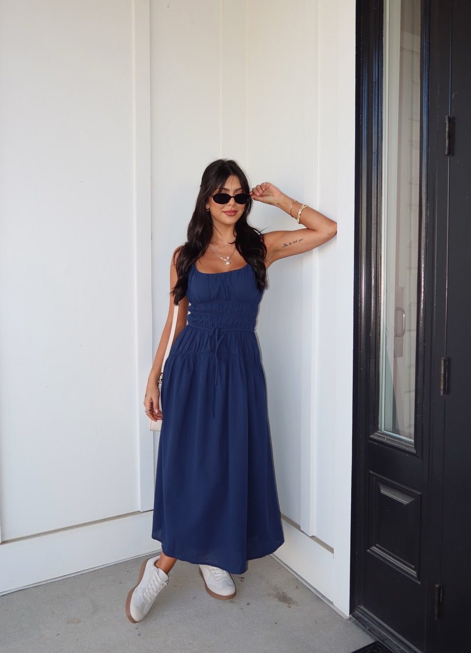 Bridget Navy Smocked Midi Dress