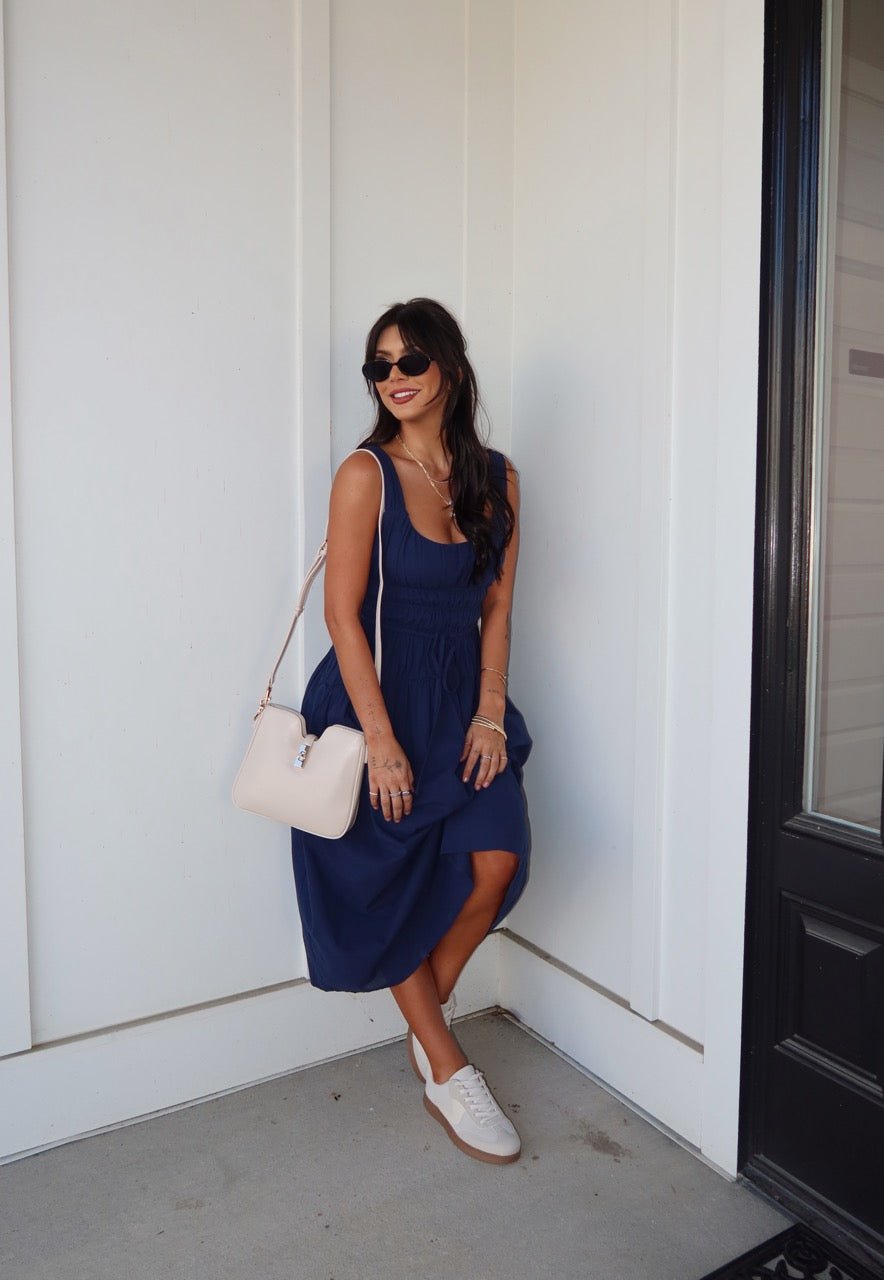 bridget midi dress Bridget Navy Smocked Midi Dress