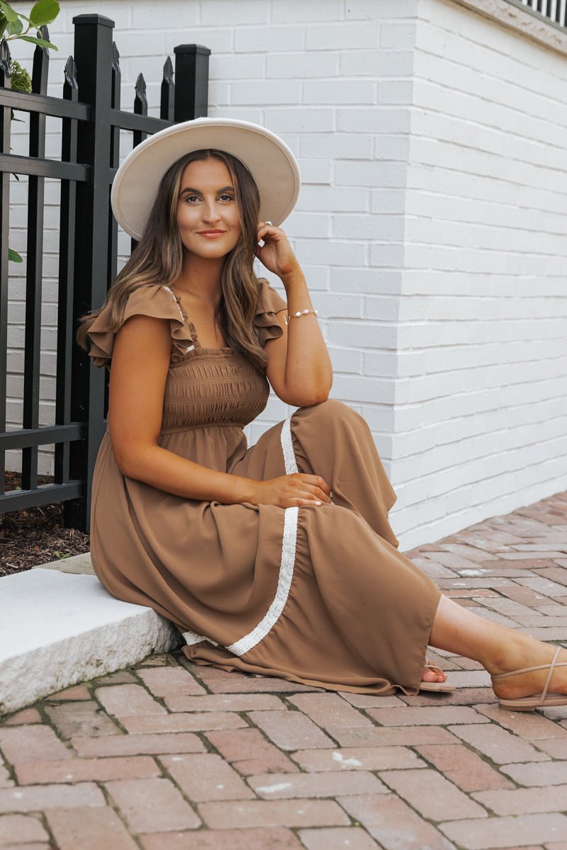 Brown Contrast Flutter Sleeve Midi Dress - Magnolia Boutique