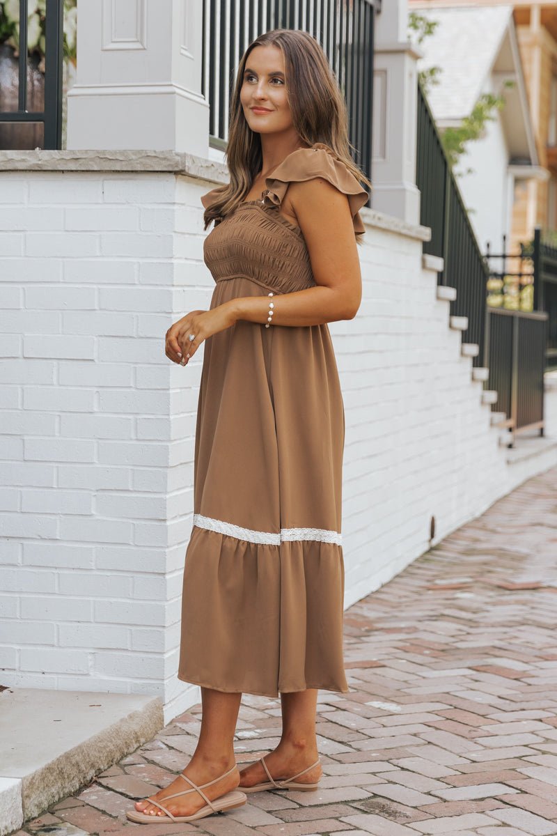 Brown Contrast Flutter Sleeve Midi Dress - Magnolia Boutique