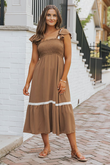 Brown Contrast Flutter Sleeve Midi Dress - Magnolia Boutique