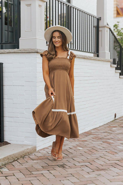 Brown Contrast Flutter Sleeve Midi Dress - Magnolia Boutique