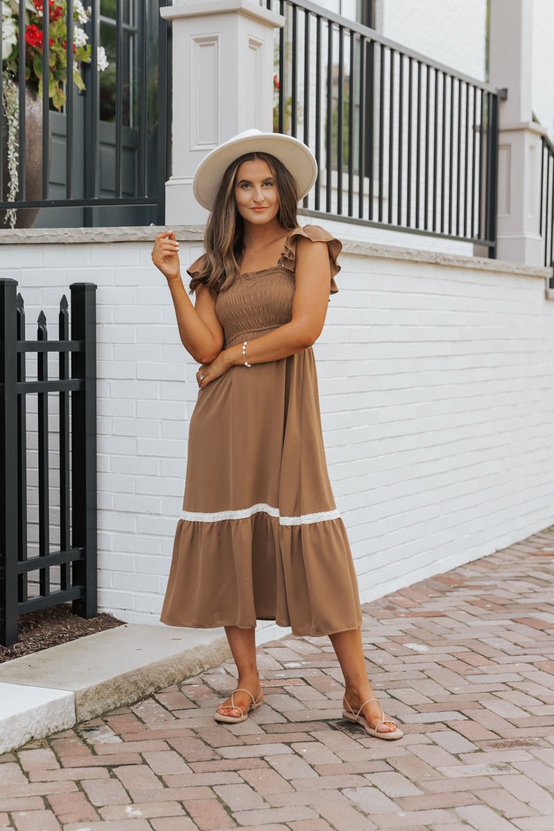 Brown Contrast Flutter Sleeve Midi Dress - Magnolia Boutique