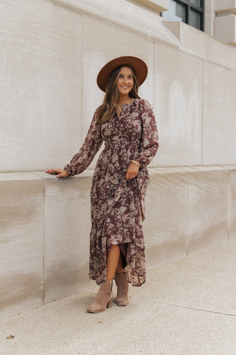 Brown Floral Long Sleeve Maxi Dress - Magnolia Boutique