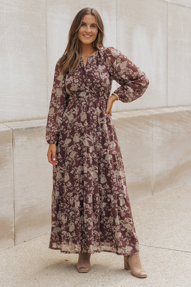 Brown Floral Long Sleeve Maxi Dress - Magnolia Boutique