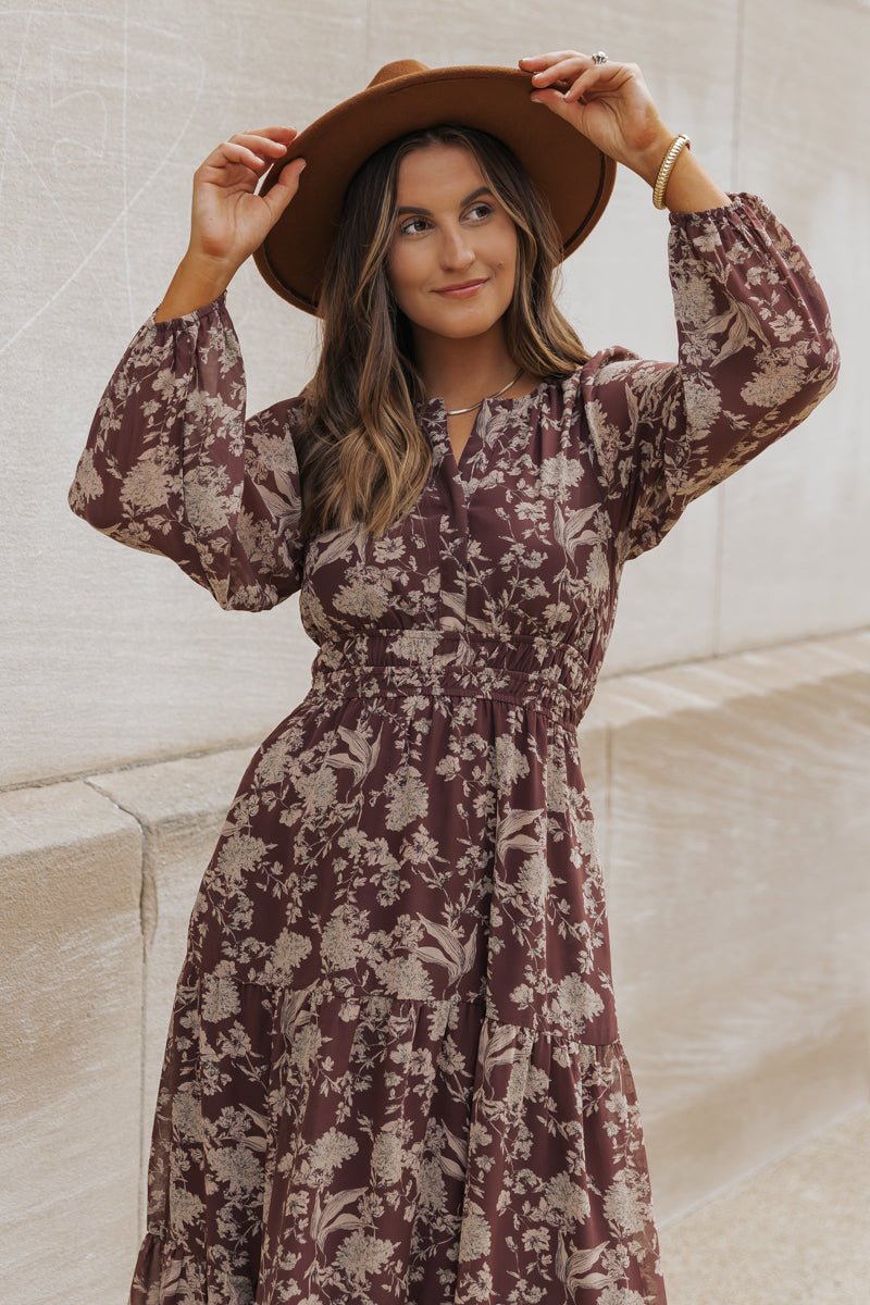 Boho Wedding Guest Dresses Brown Floral Boho Maxi Dress - , V-Neck, Long Sleeves, Comfort Fit Fall Wedding Guest Dress Boho Wedding Guest Dresses Brown Floral Boho Maxi Dress - , V-Neck, Long Sleeves, Comfort Fit Fall Wedding Guest Dress