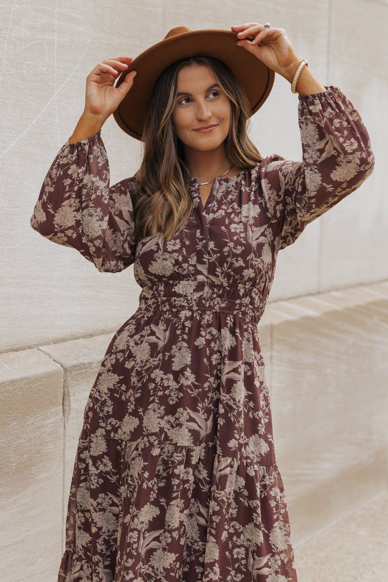 Brown Floral Long Sleeve Maxi Dress - Magnolia Boutique