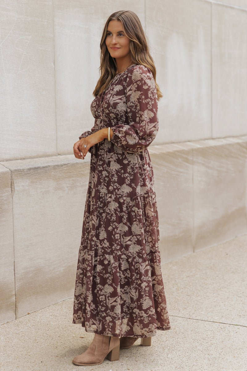 Brown Floral Long Sleeve Maxi Dress - Magnolia Boutique