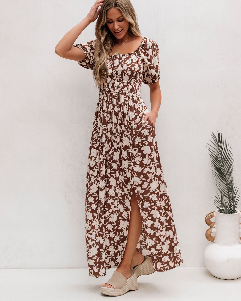 Brown Floral Print Slit Maxi Dress | Pre Order - Magnolia Boutique