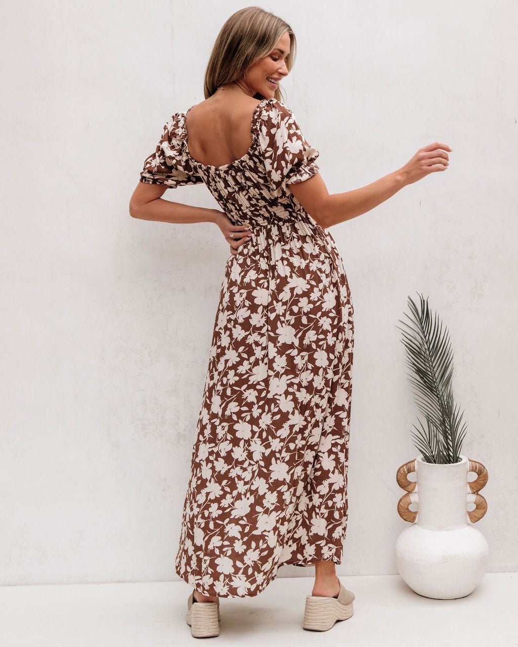 Brown Floral Print Slit Maxi Dress