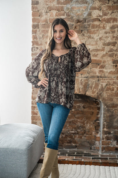 Brown Floral Print Tie Detail Blouse - Magnolia Boutique