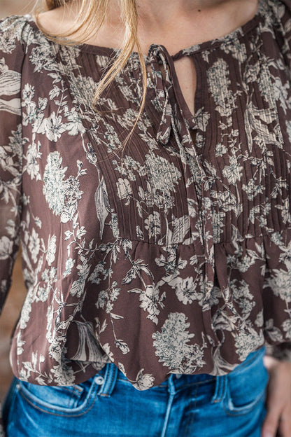 Brown Floral Print Tie Detail Blouse - Magnolia Boutique