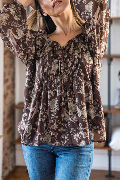 Brown Floral Print Tie Detail Blouse - Magnolia Boutique