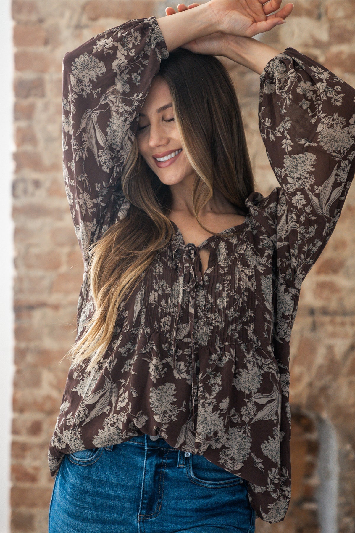 Brown Floral Print Tie Detail Blouse - Magnolia Boutique