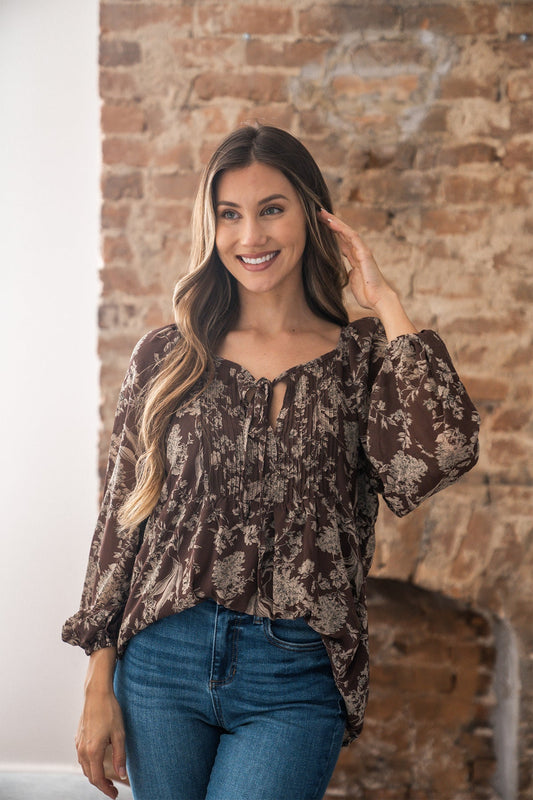 Brown Floral Print Tie Detail Blouse - Magnolia Boutique