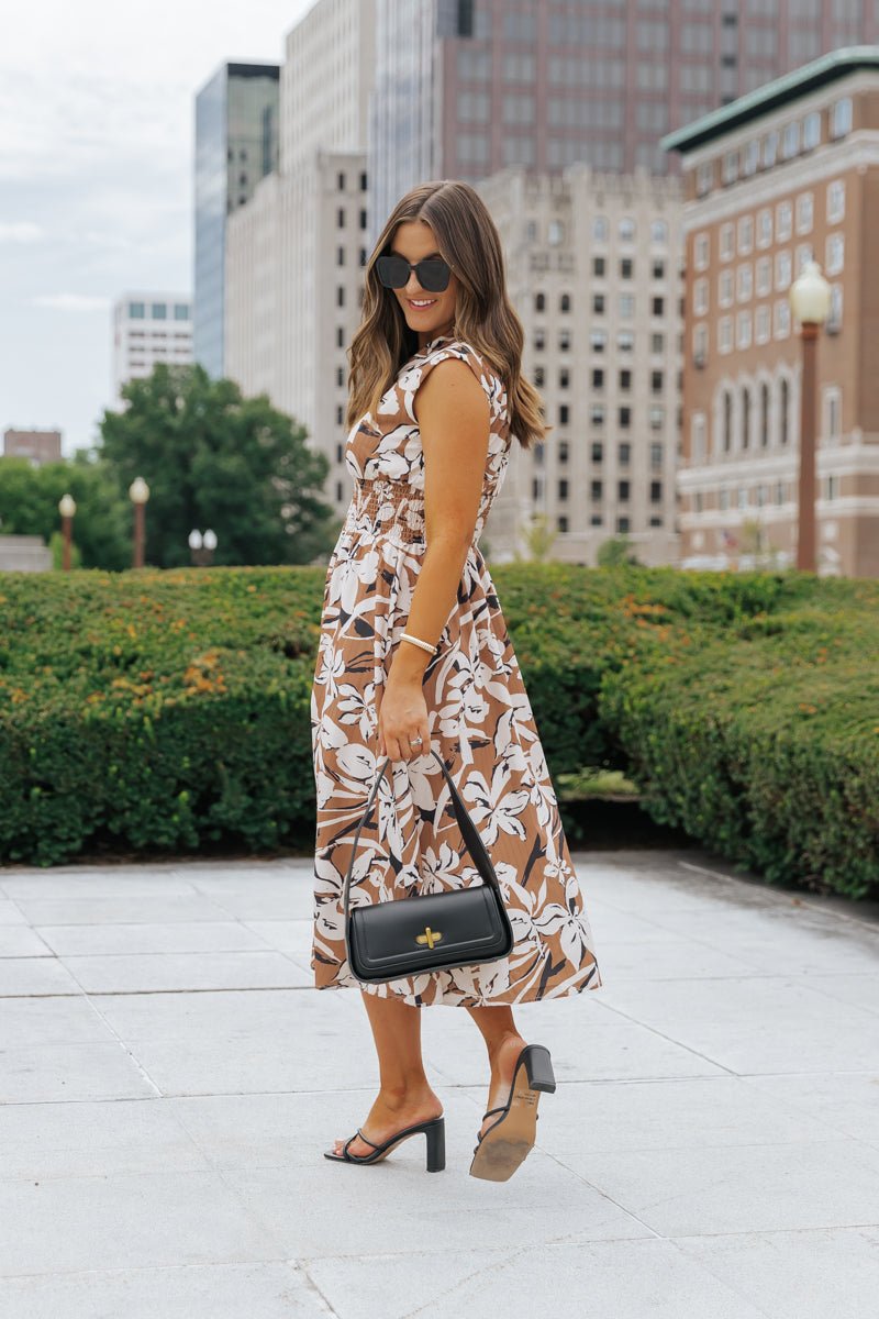 Brown Floral Zip Up Midi Dress - Magnolia Boutique