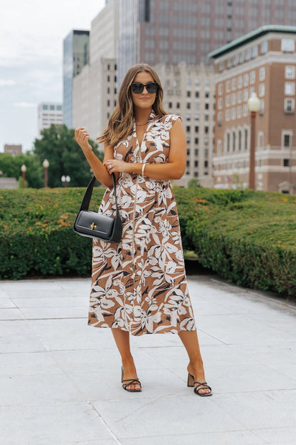 Brown Floral Zip Up Midi Dress - Magnolia Boutique