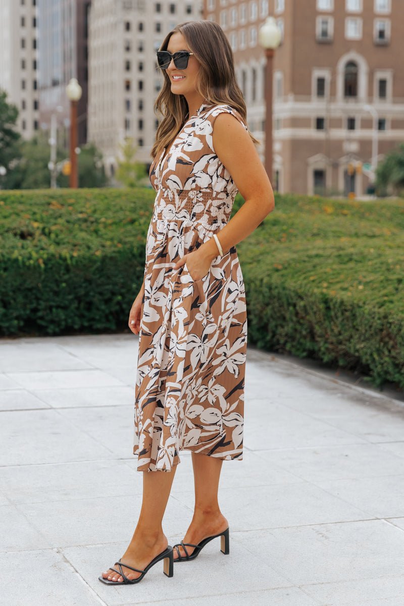 Brown Floral Zip Up Midi Dress - Magnolia Boutique