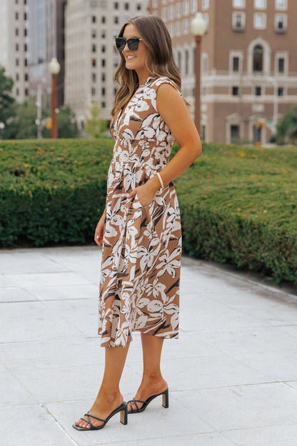 Brown Floral Zip Up Midi Dress - Magnolia Boutique