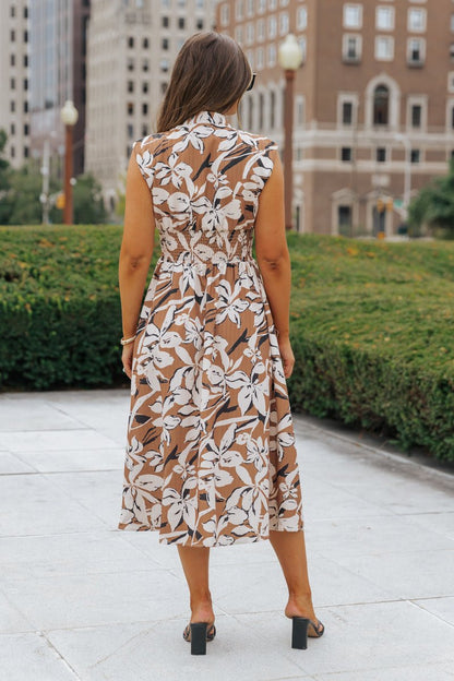 Brown Floral Zip Up Midi Dress - Magnolia Boutique