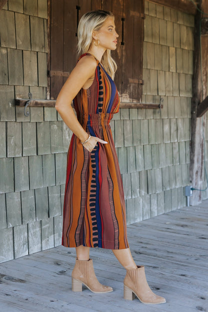 Brown Multi Print Sleeveless Midi Dress - Magnolia Boutique