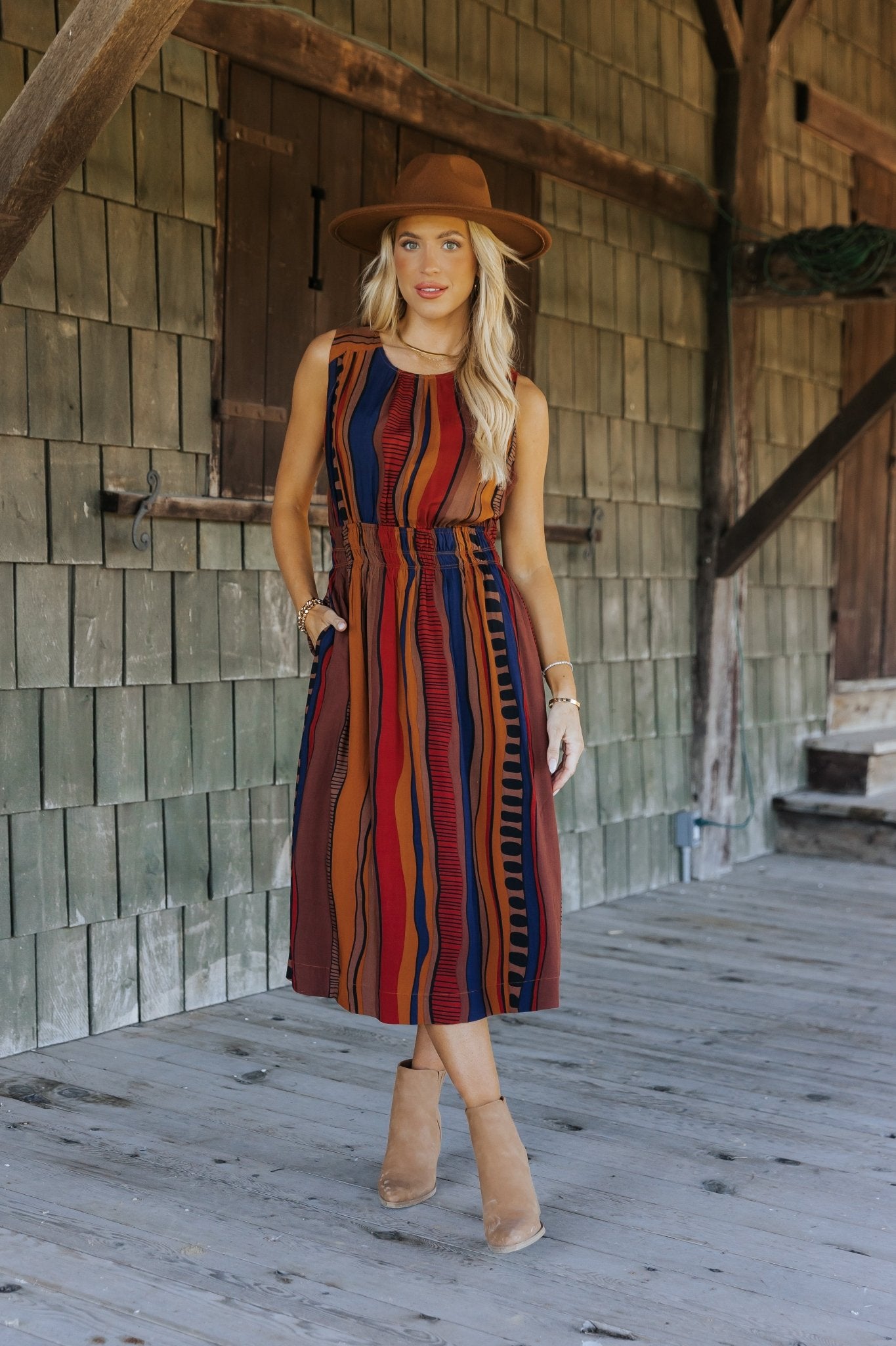 Brown Multi Print Sleeveless Midi Dress - Magnolia Boutique