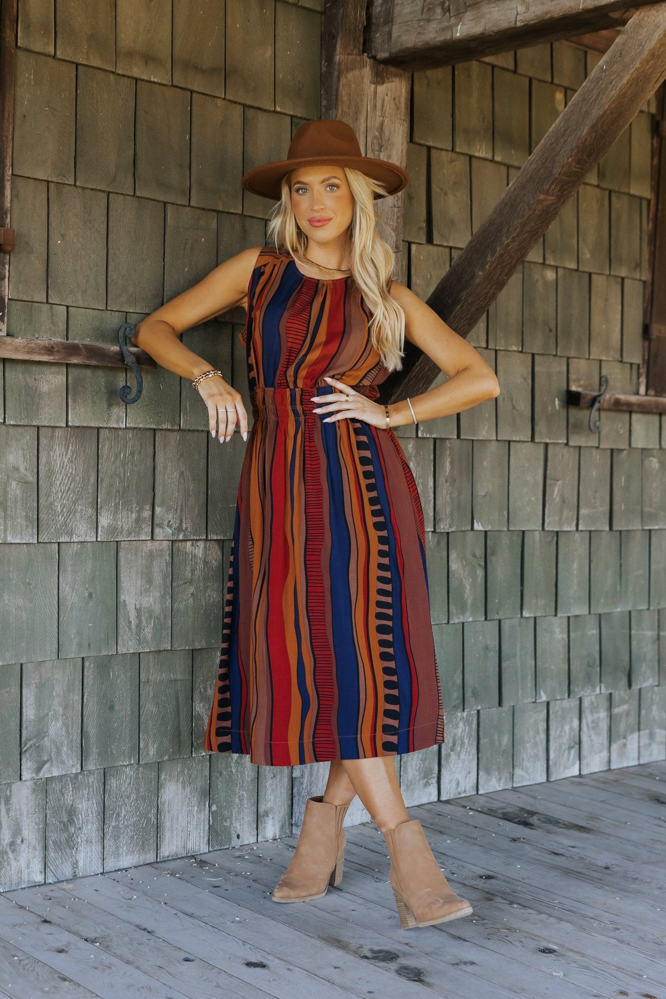 Brown Multi Print Sleeveless Midi Dress - Magnolia Boutique