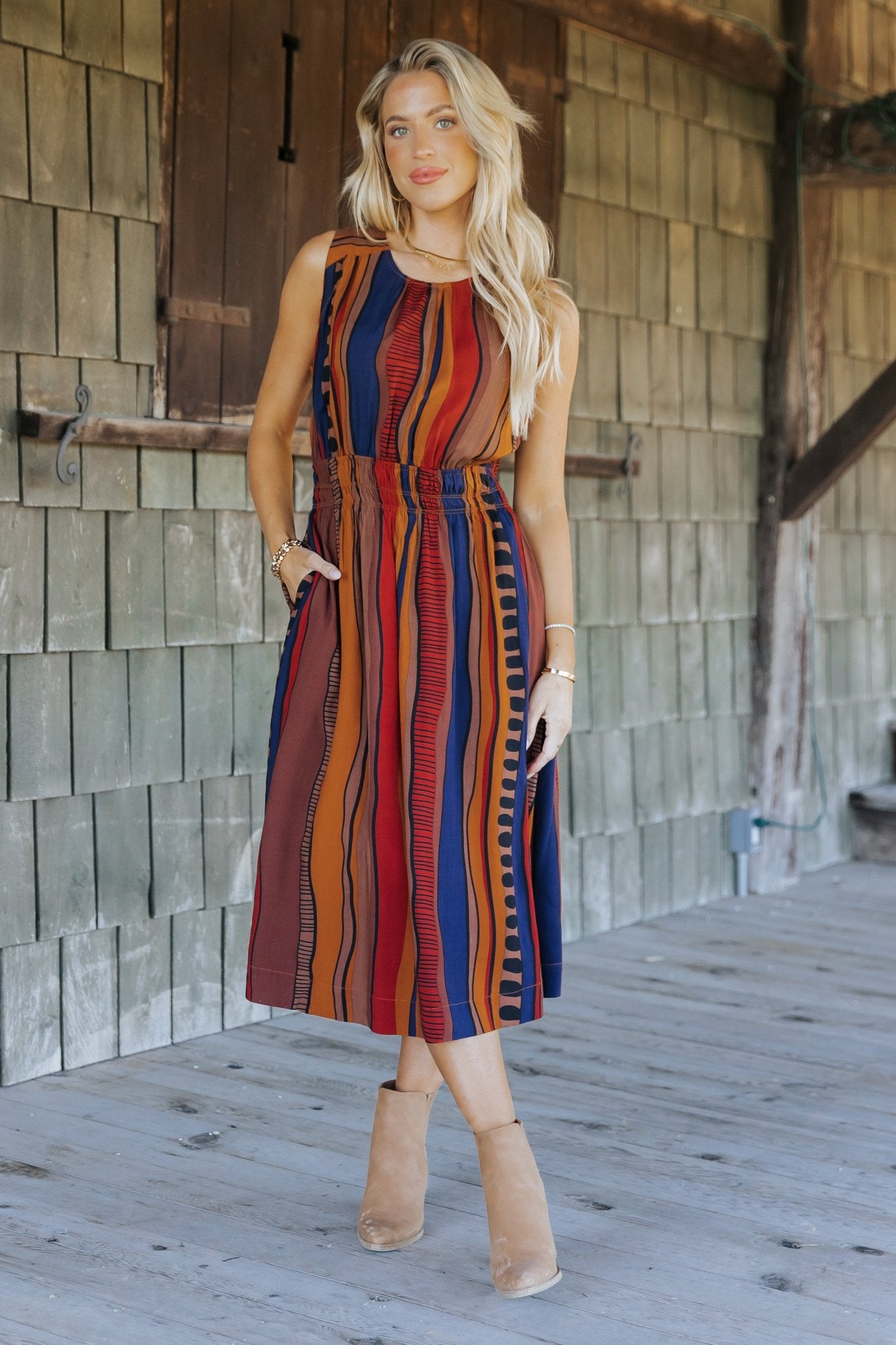 Brown Multi Print Sleeveless Midi Dress - Magnolia Boutique