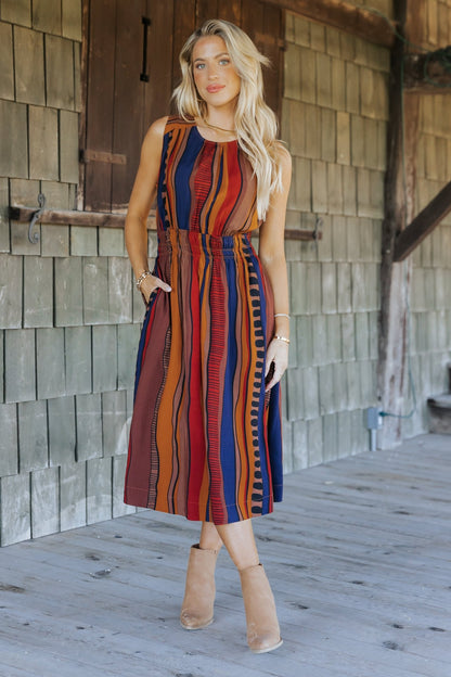 Brown Multi Print Sleeveless Midi Dress - Magnolia Boutique