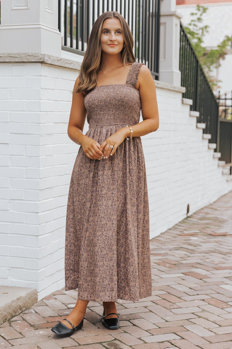 Brown Ornate Floral Print Smocked Maxi Dress - Magnolia Boutique