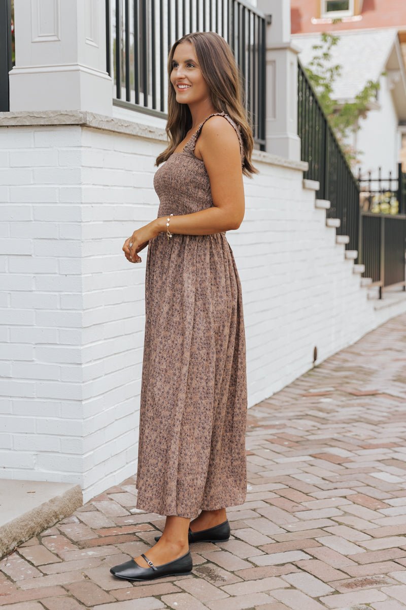 Brown Ornate Floral Print Smocked Maxi Dress - Magnolia Boutique