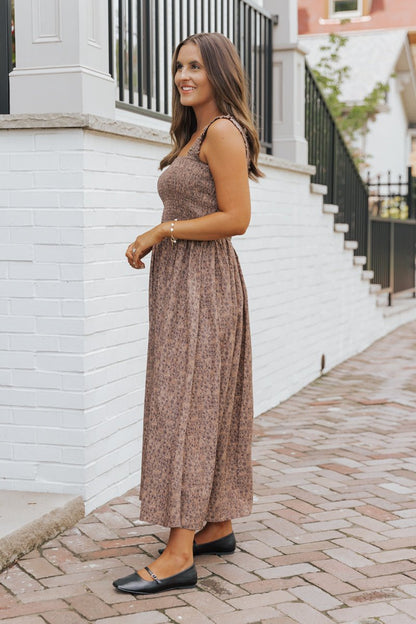 Brown Ornate Floral Print Smocked Maxi Dress - Magnolia Boutique