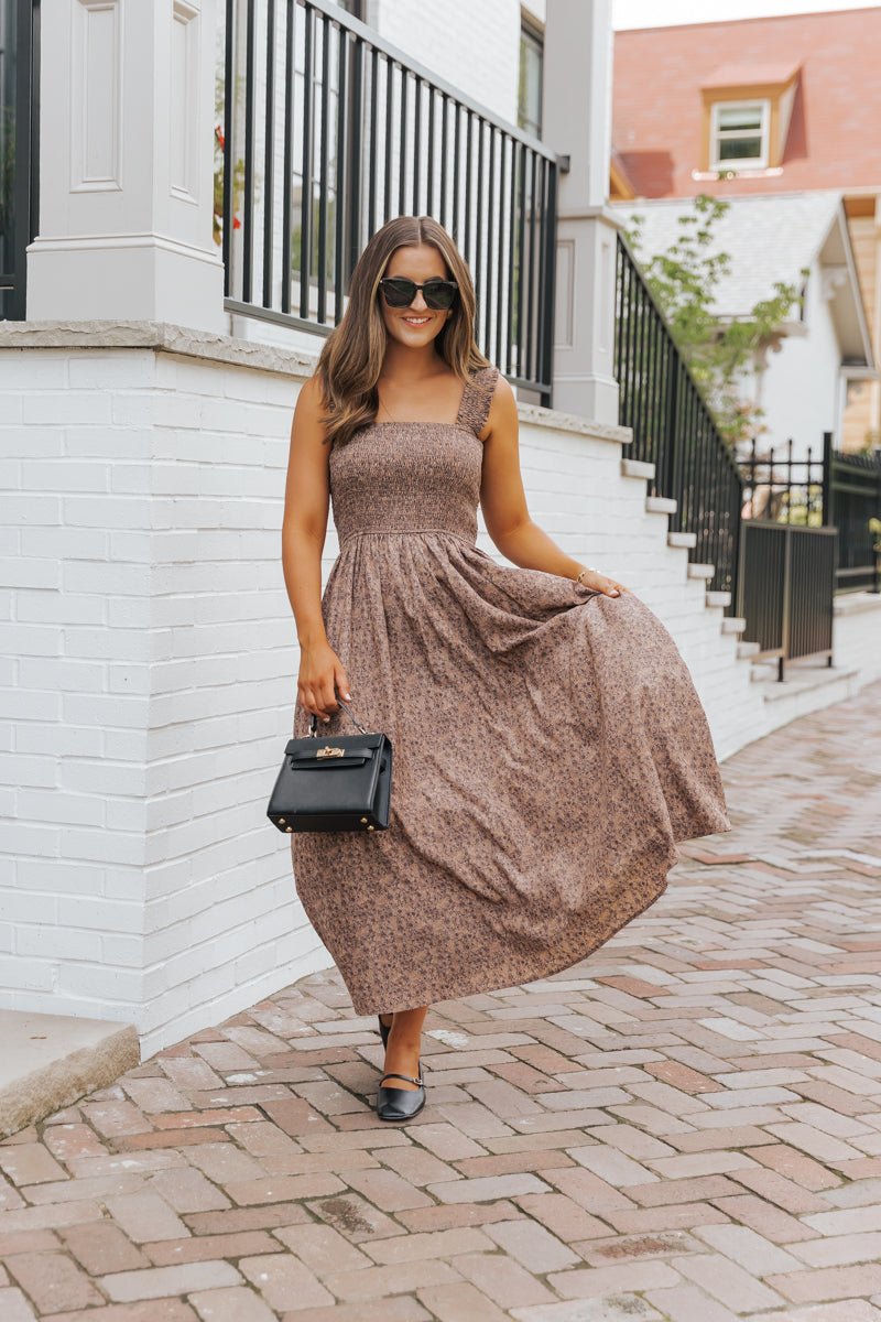 Brown Ornate Floral Print Smocked Maxi Dress - Magnolia Boutique