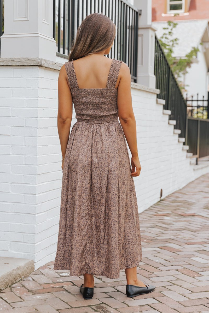 Brown Ornate Floral Print Smocked Maxi Dress - Magnolia Boutique