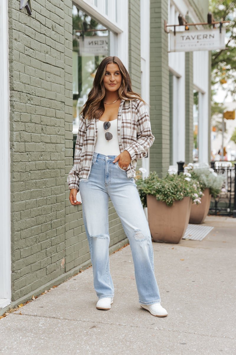 Brown Plaid Hooded Zip Up Jacket - Magnolia Boutique