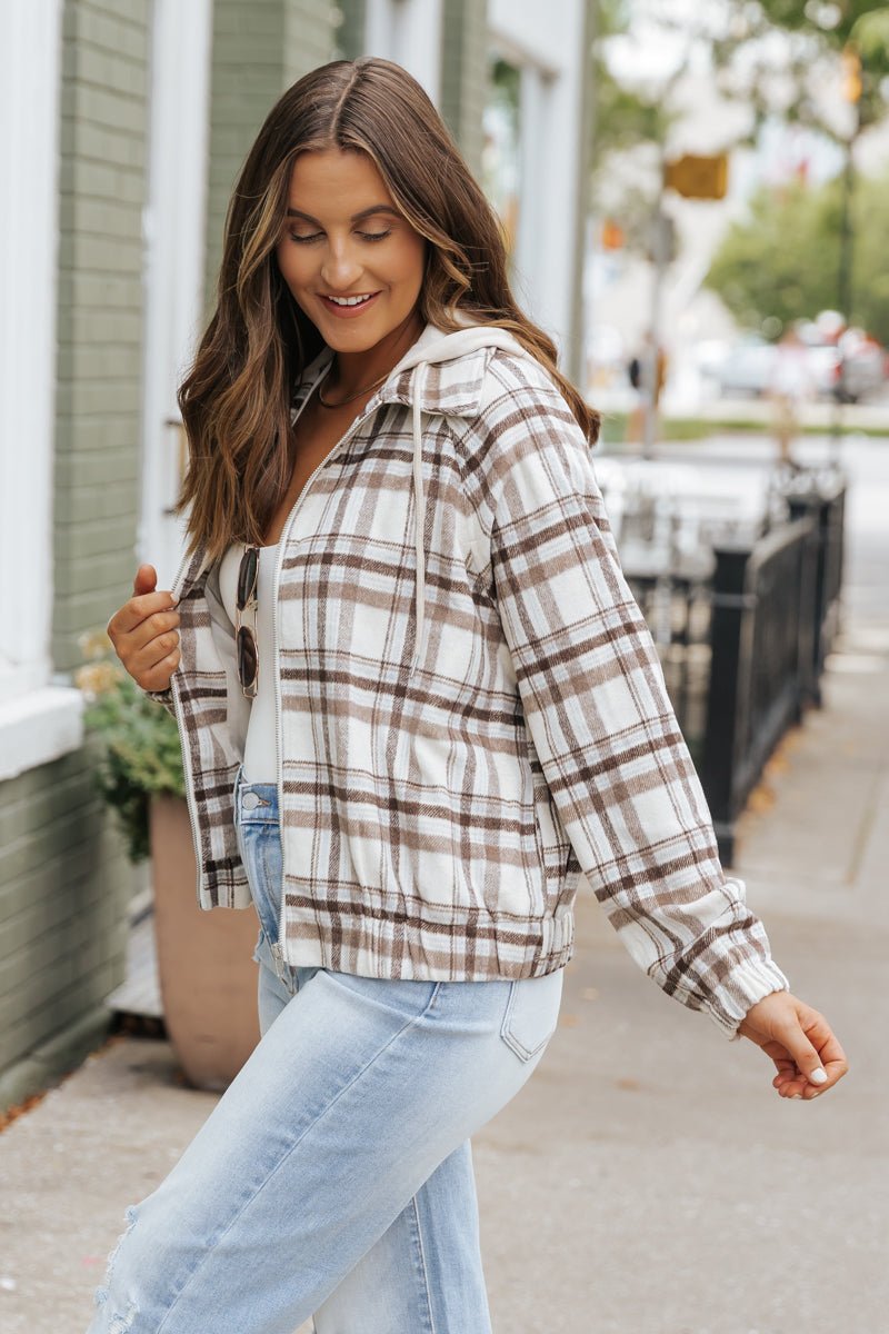 Brown Plaid Hooded Zip Up Jacket - Magnolia Boutique