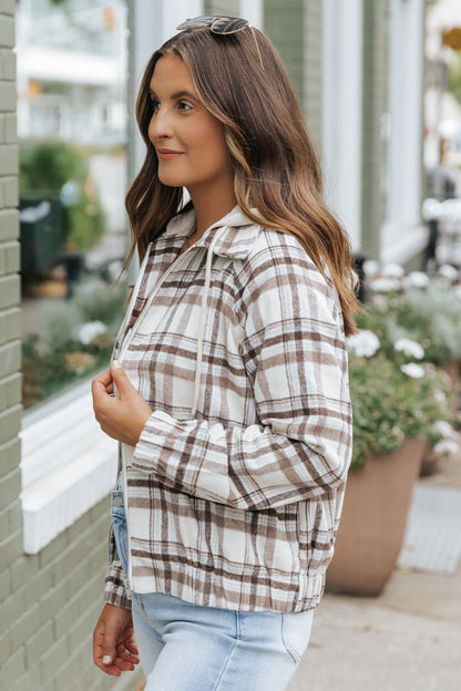 Brown Plaid Hooded Zip Up Jacket - Magnolia Boutique