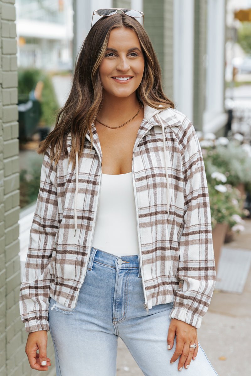 Brown Plaid Hooded Zip Up Jacket - Magnolia Boutique