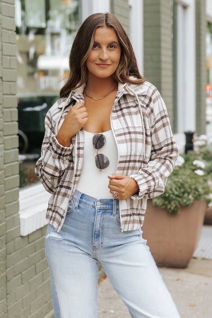 Brown Plaid Hooded Zip Up Jacket - Magnolia Boutique