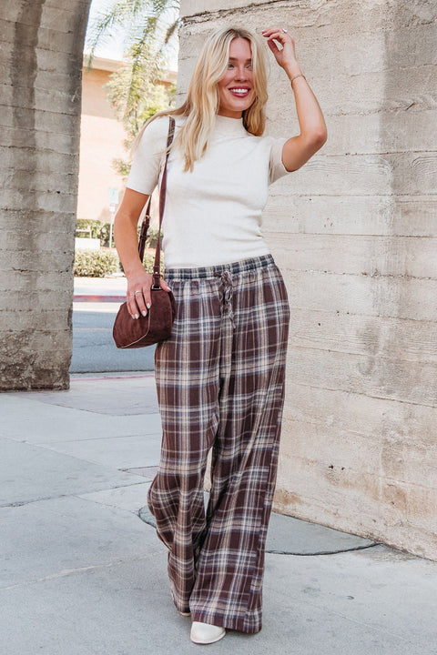 Brown Plaid Wide Leg Pants - FINAL SALE