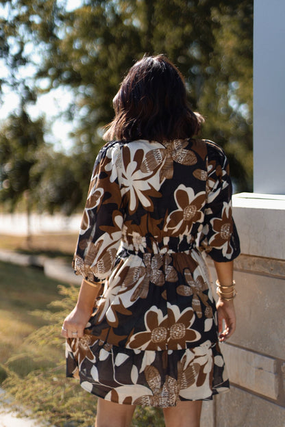 Brown Print Smocked Mini Dress - Magnolia Boutique