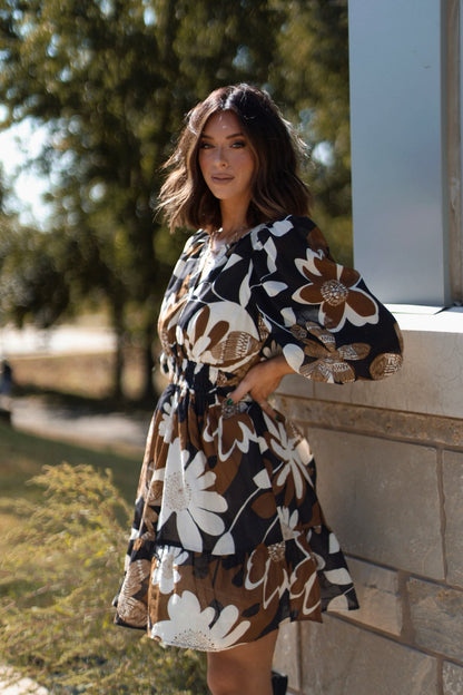 Brown Print Smocked Mini Dress - Magnolia Boutique