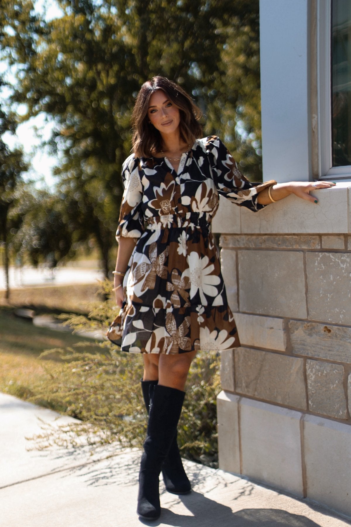 Brown Print Smocked Mini Dress - Magnolia Boutique