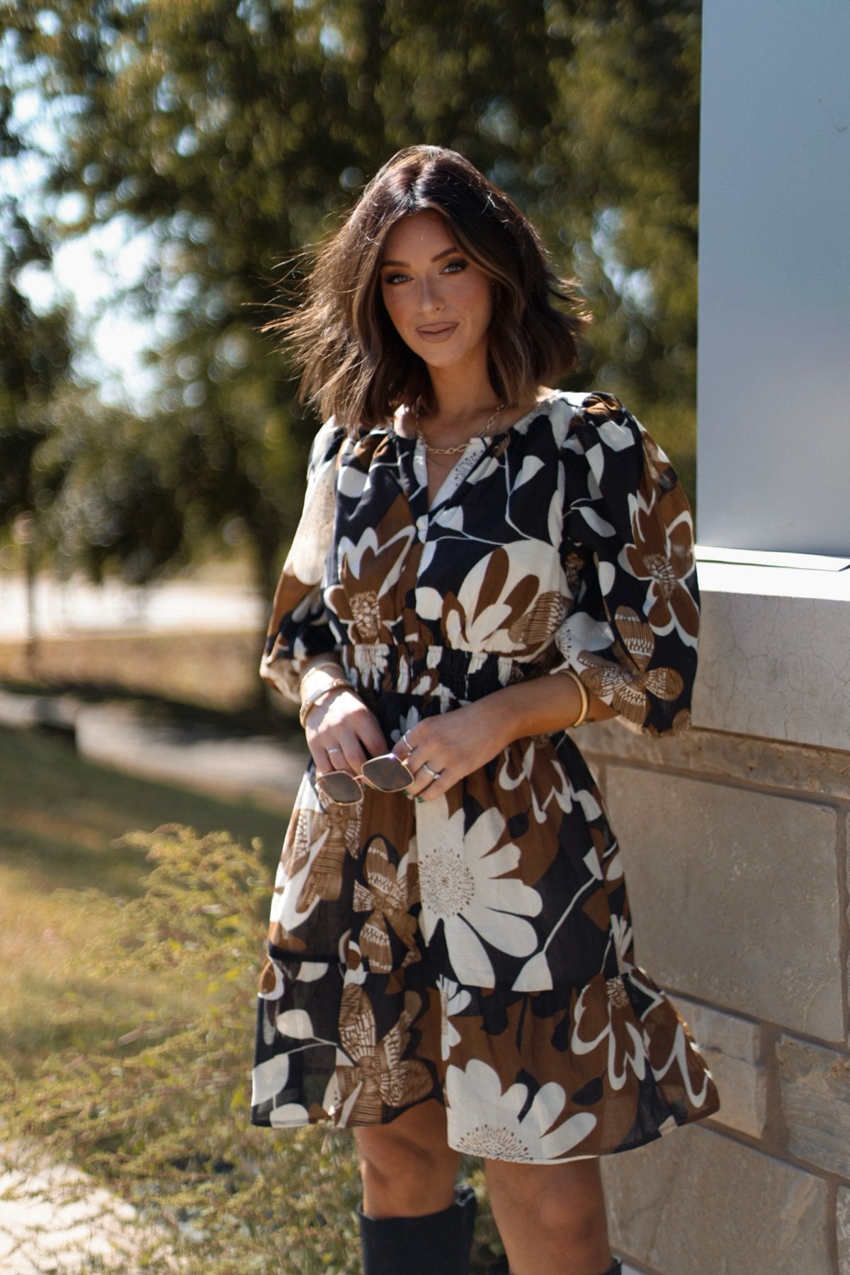 Brown Print Smocked Mini Dress - Magnolia Boutique