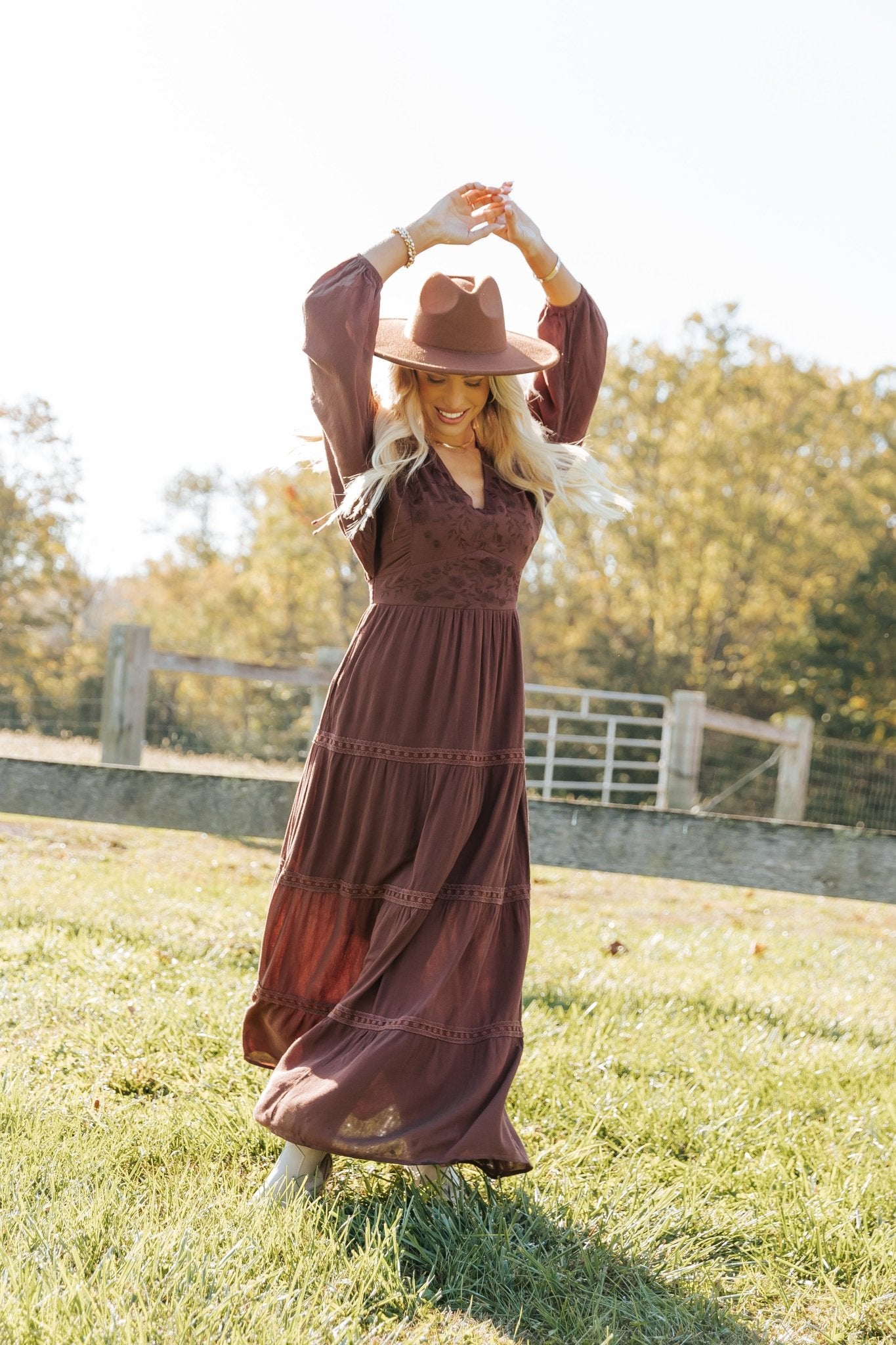 Brown V Neck Embroidered Maxi Dress - Magnolia Boutique