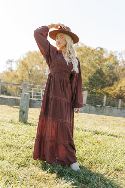 Brown V Neck Embroidered Maxi Dress - Magnolia Boutique