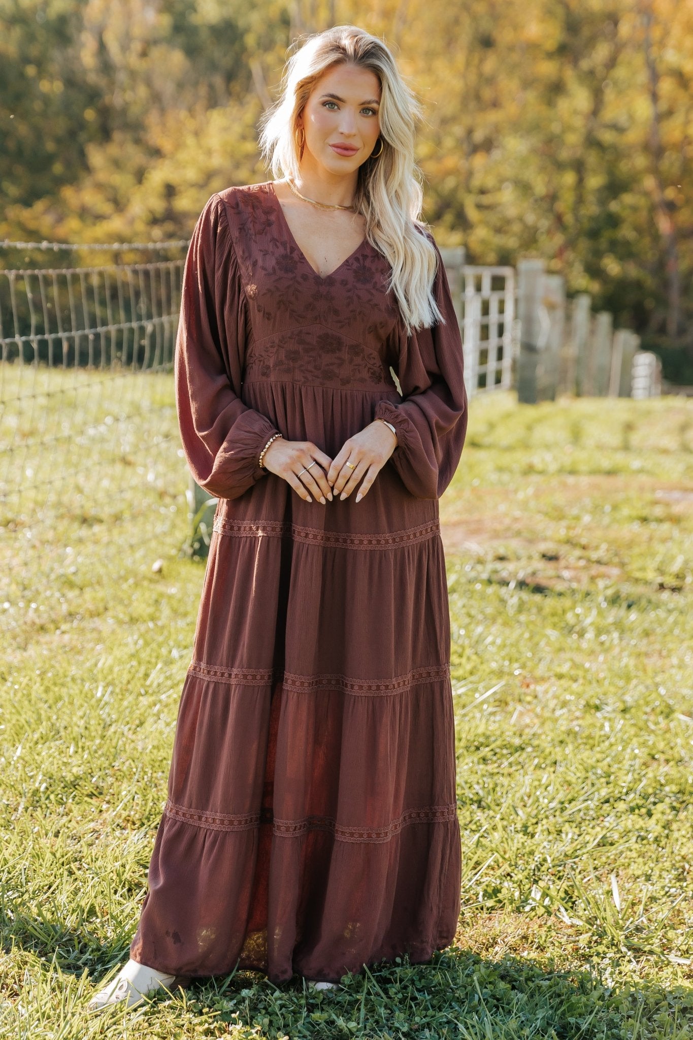 Brown V Neck Embroidered Maxi Dress - Magnolia Boutique