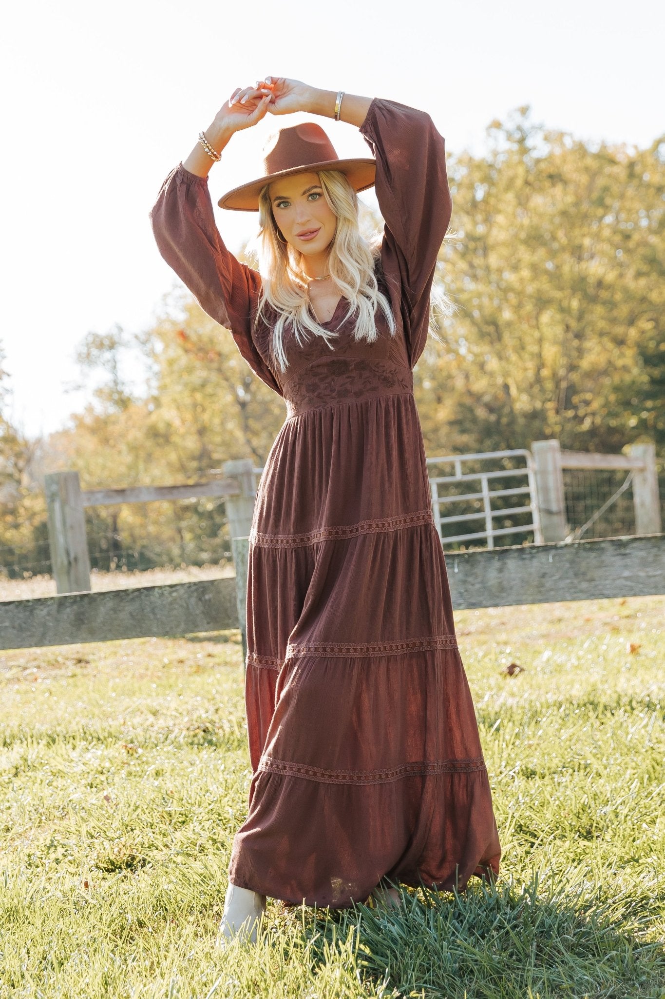 Brown V Neck Embroidered Maxi Dress - Magnolia Boutique